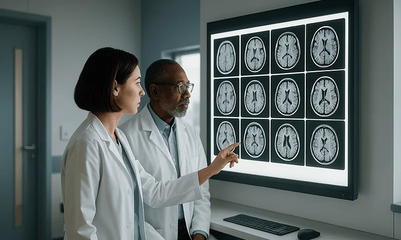 Doctors analyzing brain MRI scans for gigantism diagnosis at Acibadem Hospital.