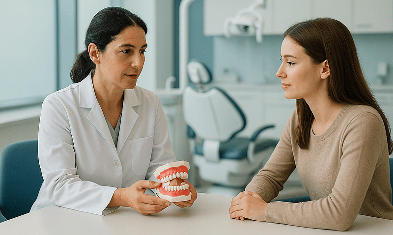 Dentist explaining gum health to a patient with dental model.