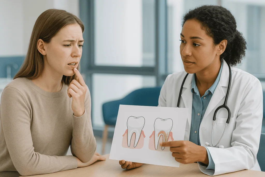 Female dentist consulting patient about tooth disease diagram — Gingivitis vs periodontitis at a glance