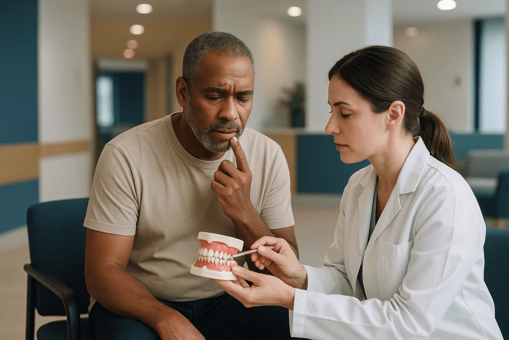 Dentist explaining dental model to male patient — Gingivitis vs periodontitis: how you actually tell them apart