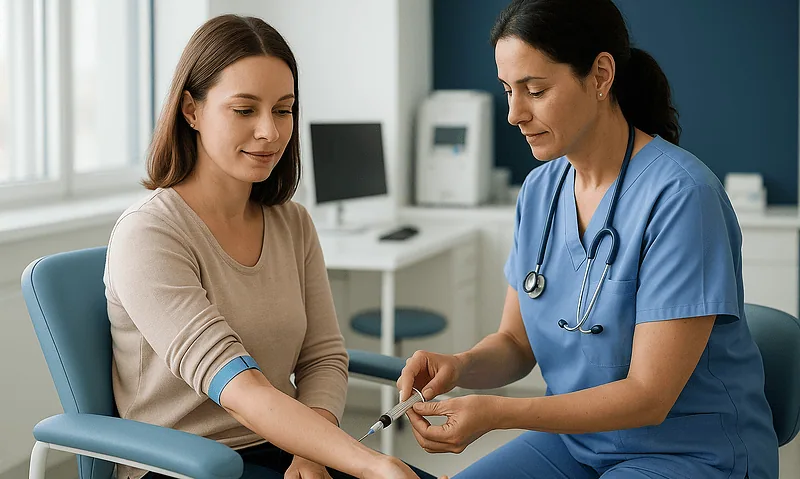 Doctor drawing blood from a patient's arm in a clinical setting.