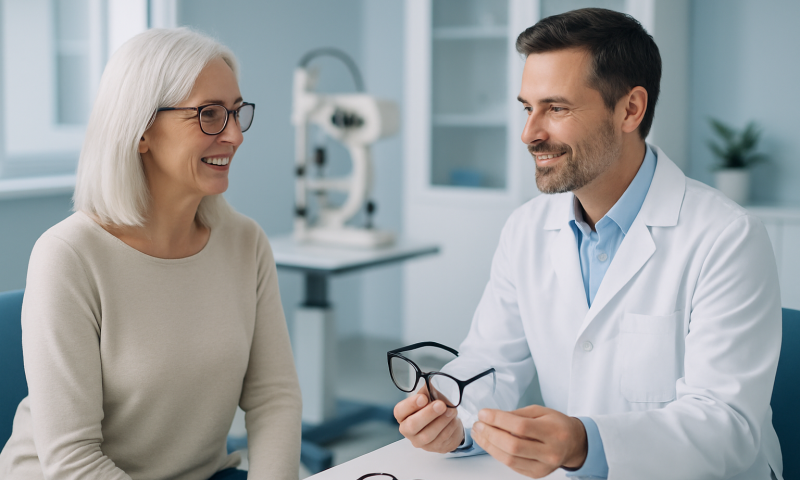 Optometrist consulting with a patient about vision correction options.