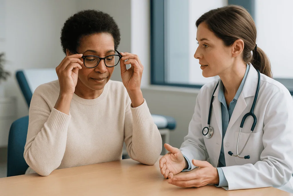 Female doctor consulting patient about vision correction: Glasses for astigmatism: still the default, and for good reasons