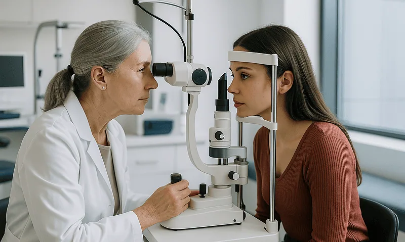 Ophthalmologist examining a patient's eye with a slit lamp in a clinical setting.