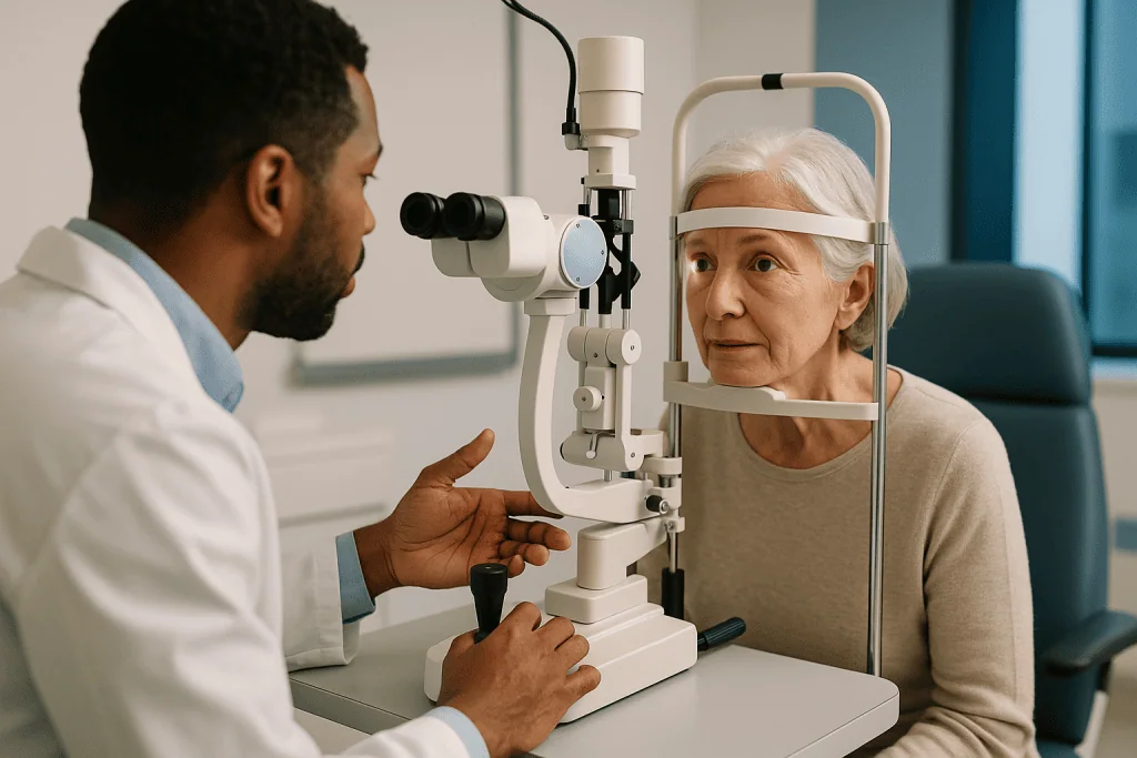 Ophthalmologist examining senior patient with slit lamp: Glaucoma lasers: SLT laser for glaucoma, iridotomy and cyclophotoco