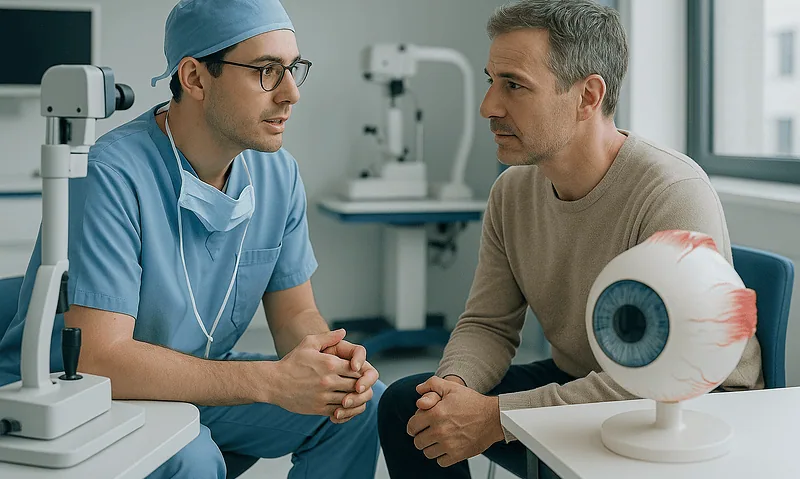 Ophthalmologist consulting with patient about eye health and glaucoma treatment options.