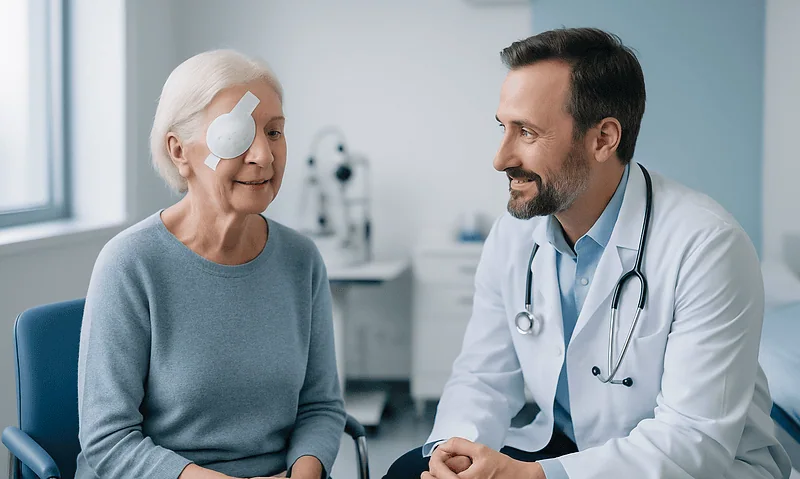 Doctor consulting with elderly female patient in clinic.