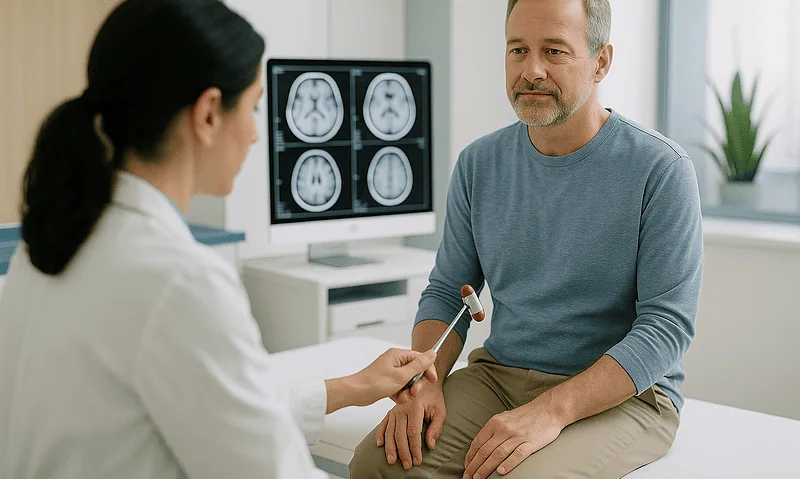 Doctor discussing brain scan results with patient in a medical office.