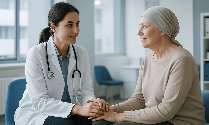 Doctor comforting a patient in a hospital consultation room.