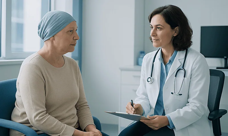 Doctor consulting with a patient in a hospital room.