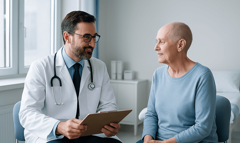 Doctor consulting with an elderly female patient in a hospital room.