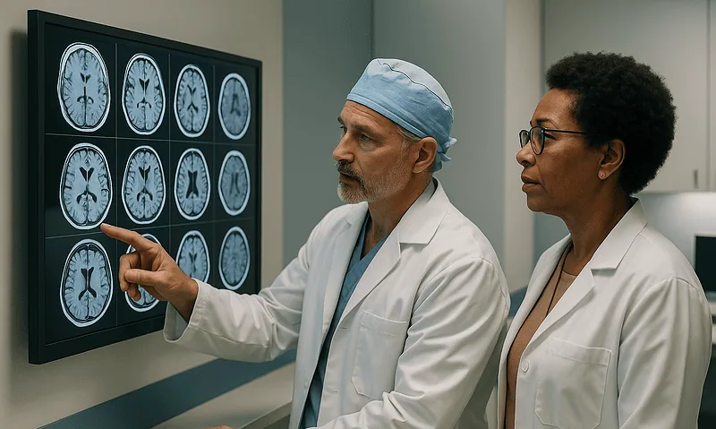 Doctors analyzing brain MRI scans for glioma diagnosis.