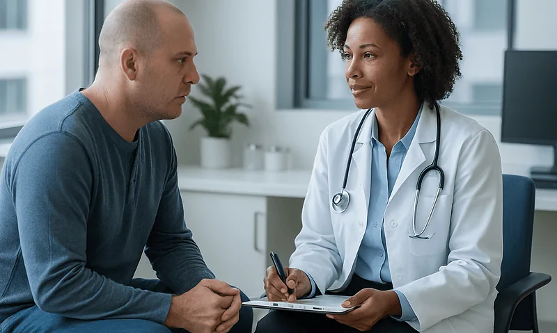 Doctor consulting with a patient in a modern medical office.