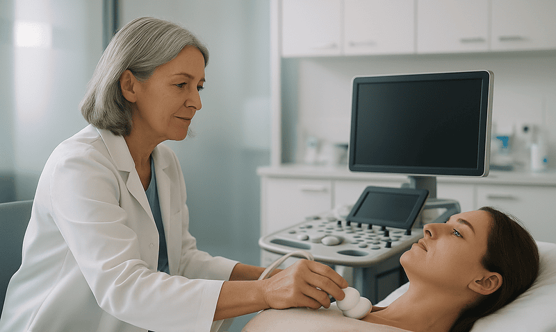 Doctor examining a patient with ultrasound in a medical clinic.