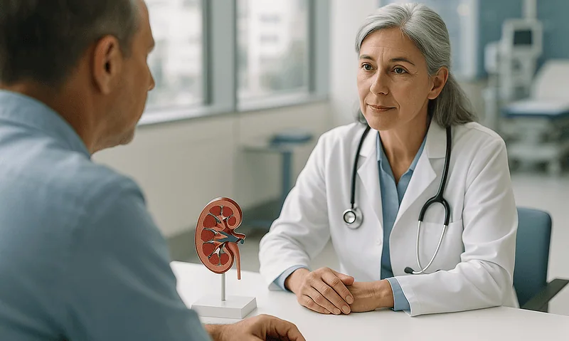 Doctor consulting with patient about kidney health in a medical office.