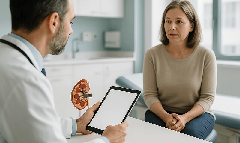 Doctor explaining kidney health to a patient in a medical consultation.