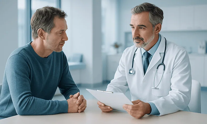 Doctor consulting with a male patient in a modern medical office.