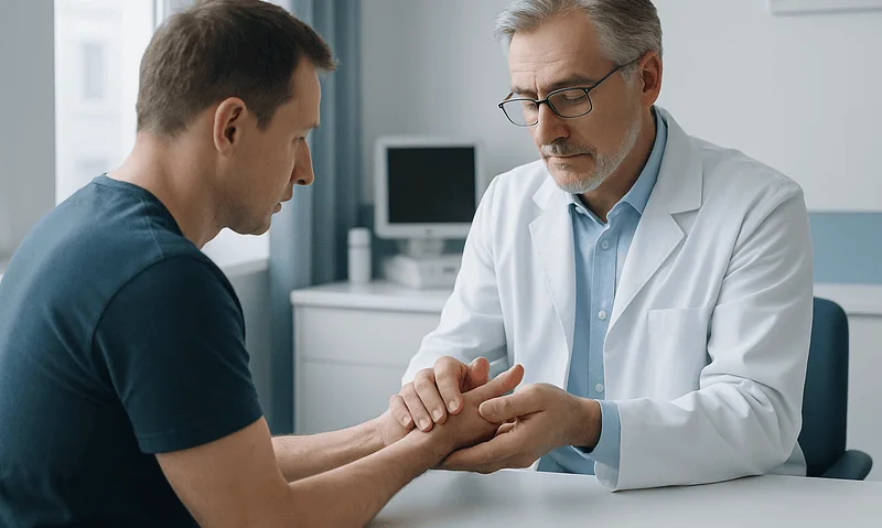 Glucosamine, Collagen and the Arthritis Diet: What Trials Show for Joint Pain 5 Doctor examining patient's hand in a medical consultation at Acibadem Hospital.