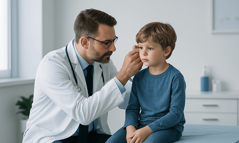 Pediatric ENT specialist examining a young boy's ear in a clinic setting.