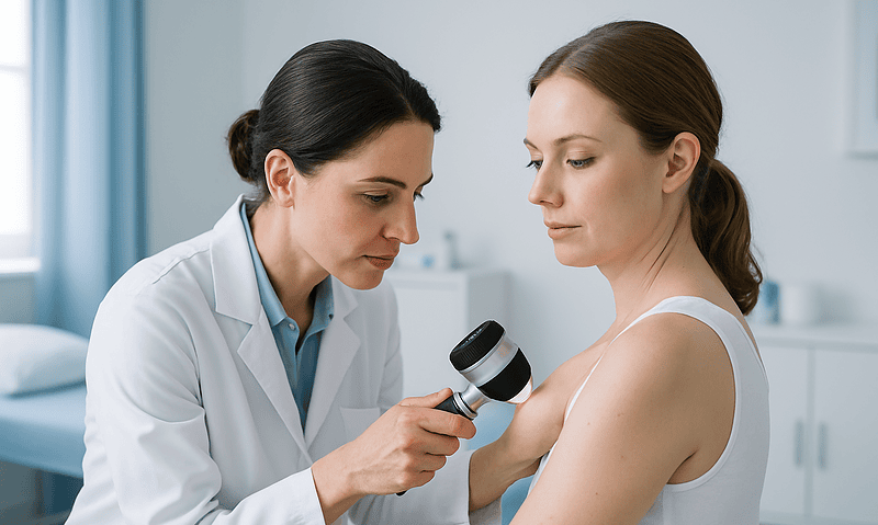Dermatologist examining a woman's skin with a dermatoscope at a hospital.