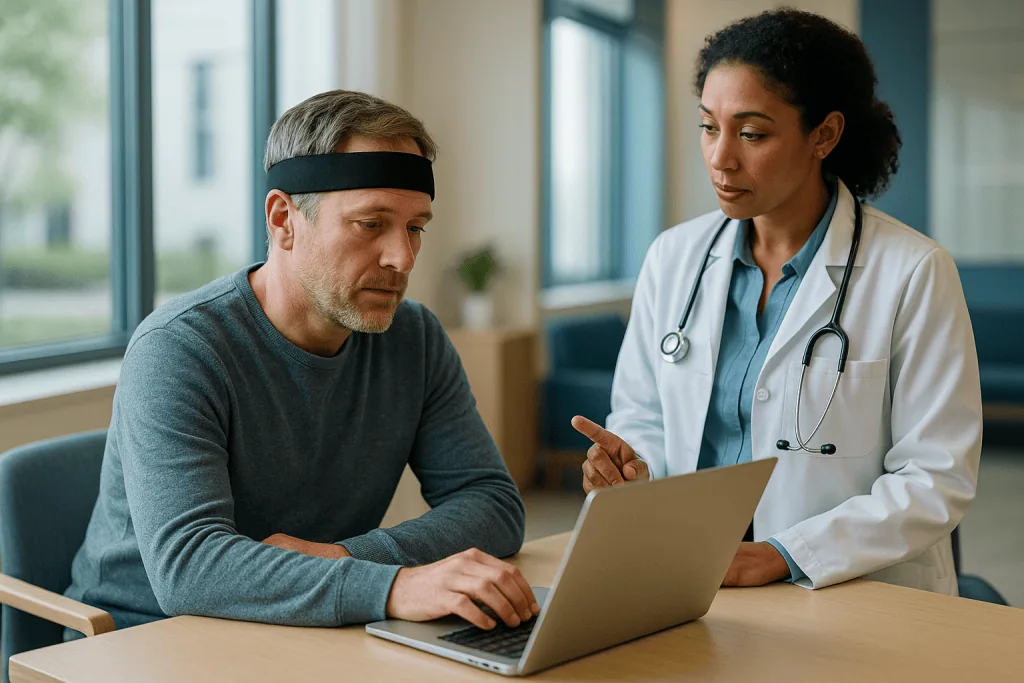 Doctor consulting patient at laptop during medical visit: Going back to work after concussion: what mild TBI usually looks l