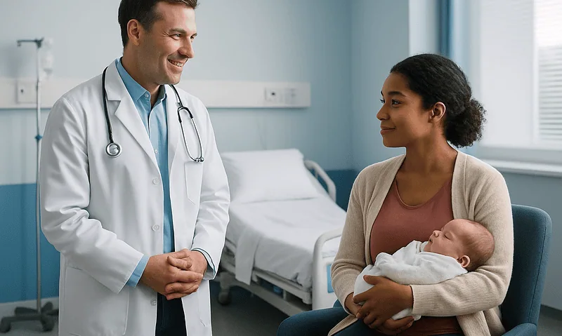 Doctor and mother with newborn in hospital room at Acibadem Hospitals Group.
