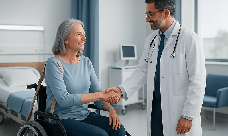 Doctor shaking hands with a senior female patient in hospital room.