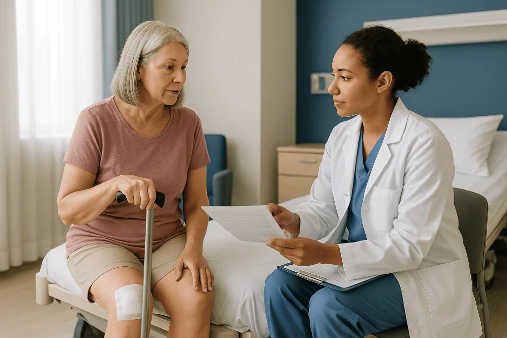Doctor reviewing medical records with older female patient — Going home with a pain plan: what a good discharge conversation 
