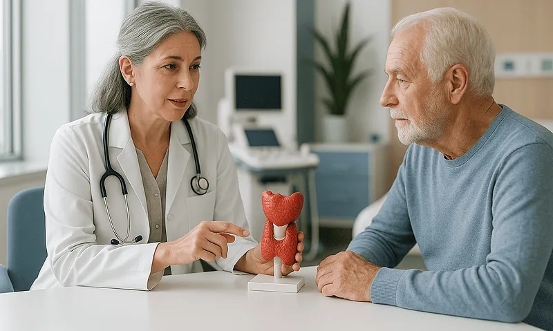 Doctor explaining thyroid health to an elderly patient with thyroid model.