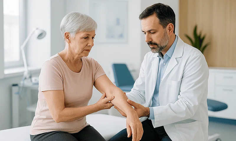 Doctor examining elderly woman's elbow in a medical consultation room.