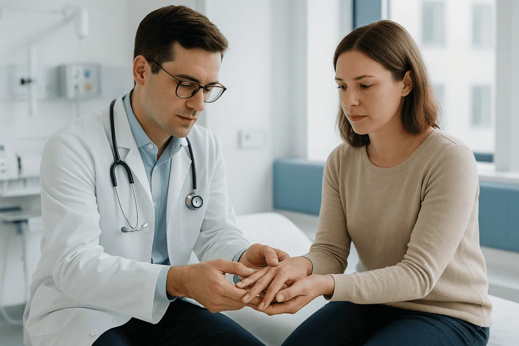 Gout 1 Doctor examining patient's hand in a medical consultation at Acibadem Hospital.