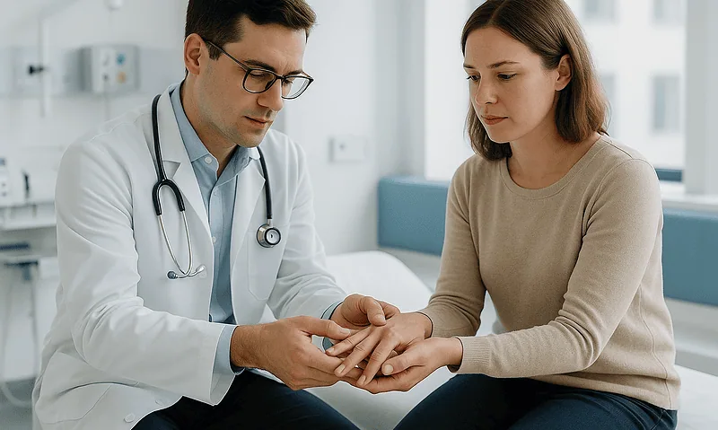 Doctor examining patient's hand in a medical consultation at Acibadem Hospital.