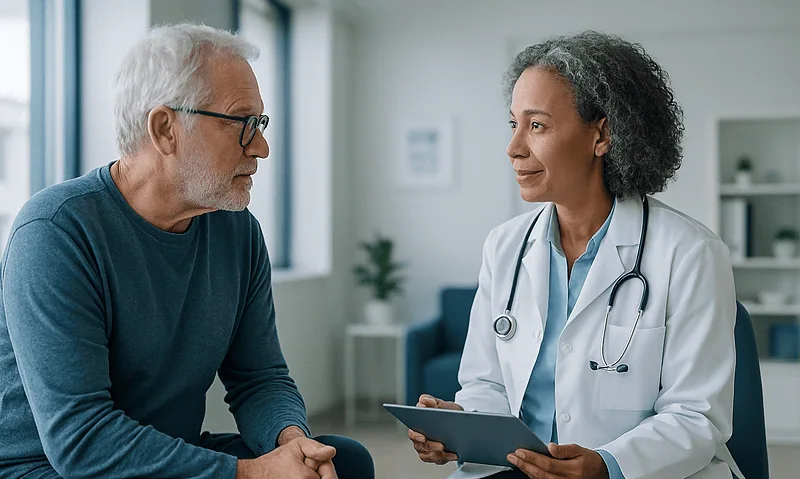 Doctor consulting with an elderly male patient in a medical office.
