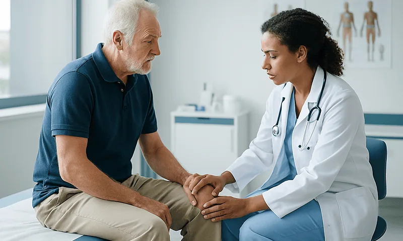 Doctor examining patient's knee in a medical consultation room.