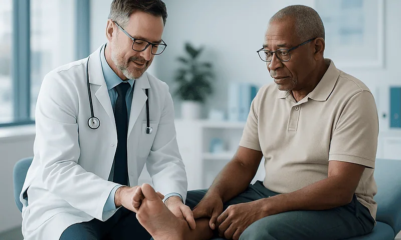 Doctor examining patient's foot for gout symptoms at Acibadem Hospital.