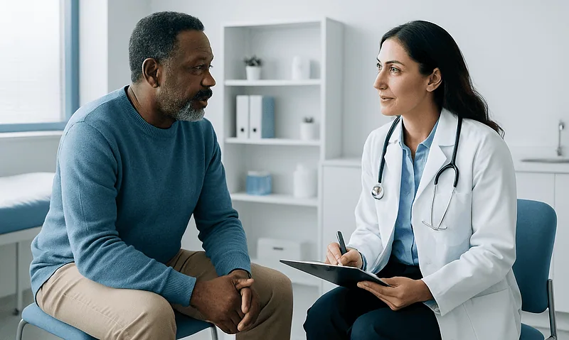 Doctor consulting with a patient in a modern medical office.
