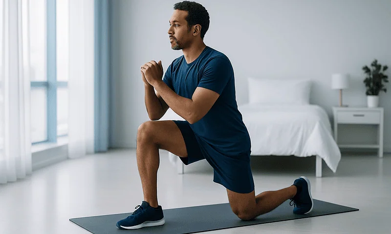 Man performing lunges during a home workout for fitness and health.