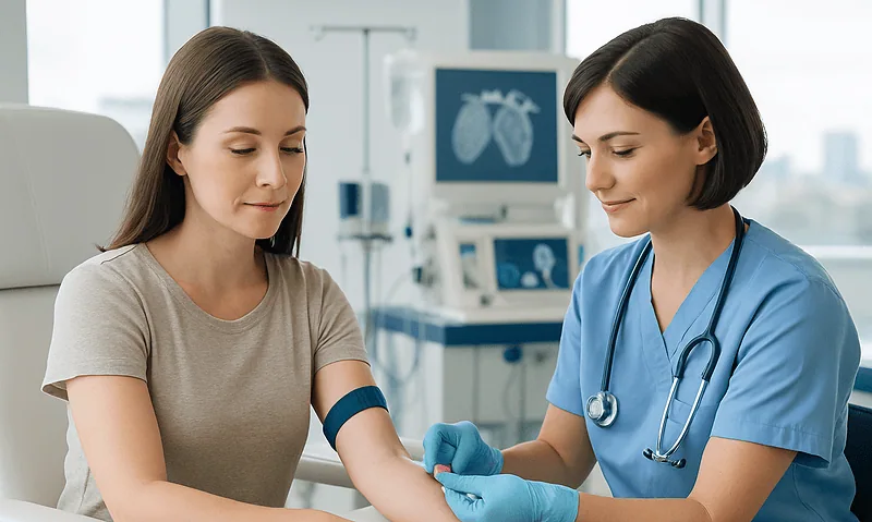 Doctor taking blood sample from patient in hospital setting.