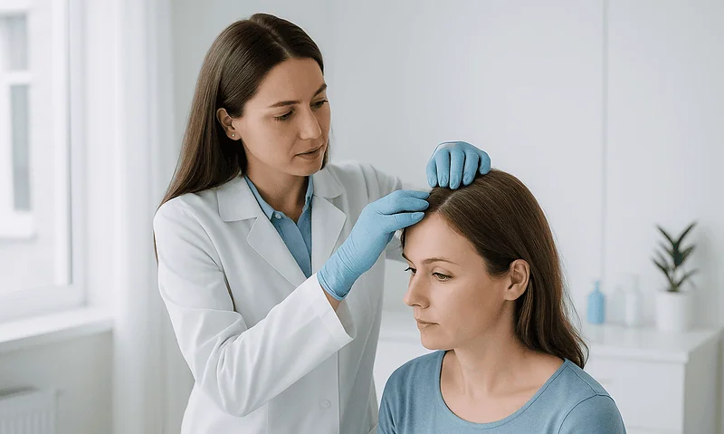 Dermatologist examining patient's scalp for hair transplant assessment.