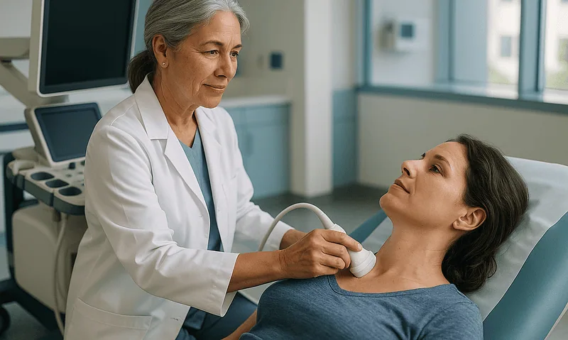 Endocrinologist performs thyroid ultrasound on a patient in a hospital.