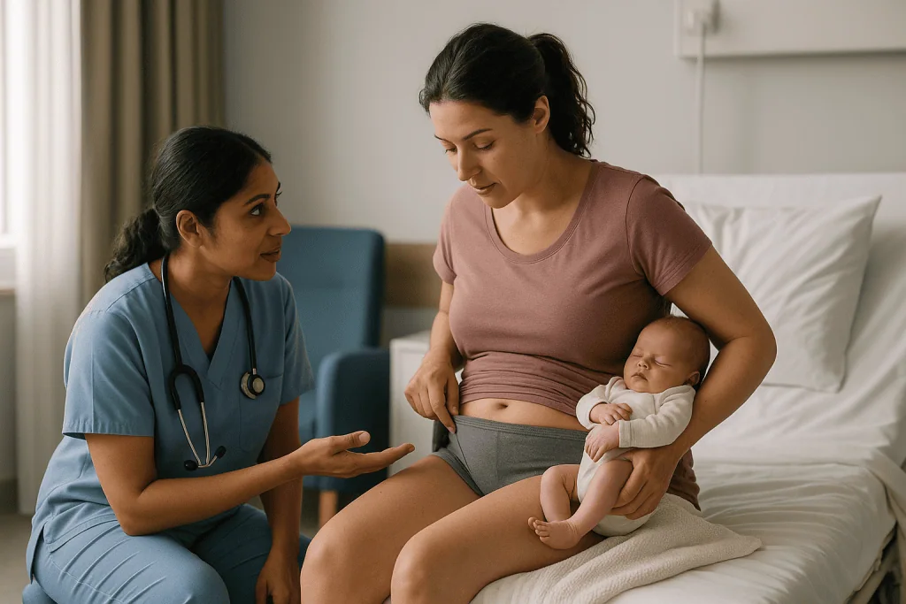 Healthcare provider consulting postpartum woman holding newborn: Grazes, tears and stitches: how perineal healing usually go
