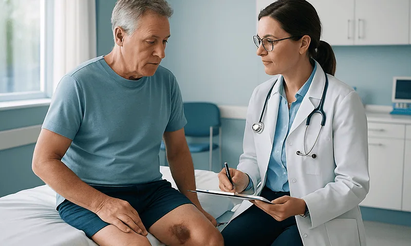 Doctor consulting with a patient about leg injury in a medical office.