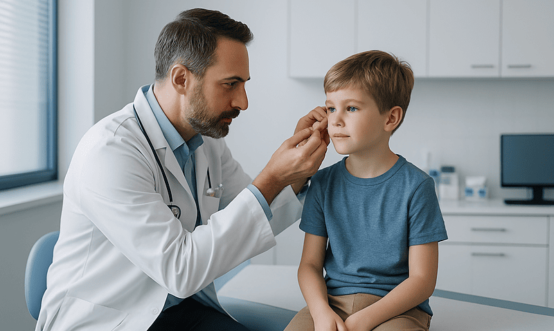 Pediatric ENT doctor examining child's ear at clinic.