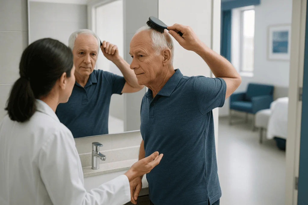 Elderly man having hair groomed in bathroom mirror — Grooming, dressing, and the bathroom mirror