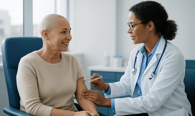 Growth-Factor Injections for Neutropenia: How They Support the Marrow and When They Are Used 4 Doctor administering injection to patient in a clinical setting.