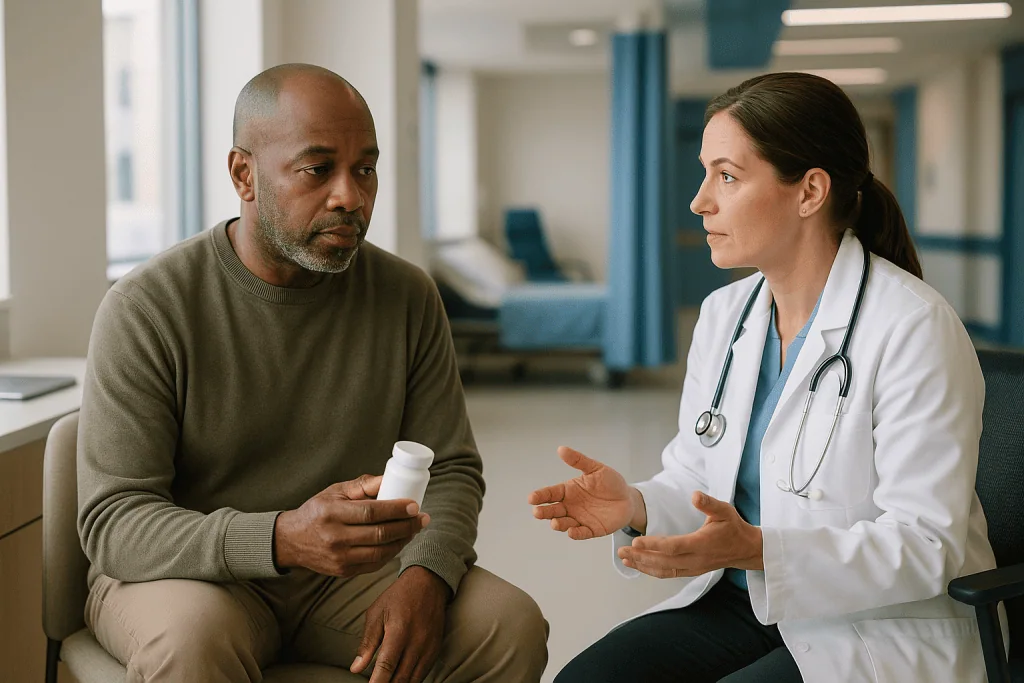 Doctor consulting patient holding medication bottle: Growth factors vs transplant for bone marrow failure: what is really be
