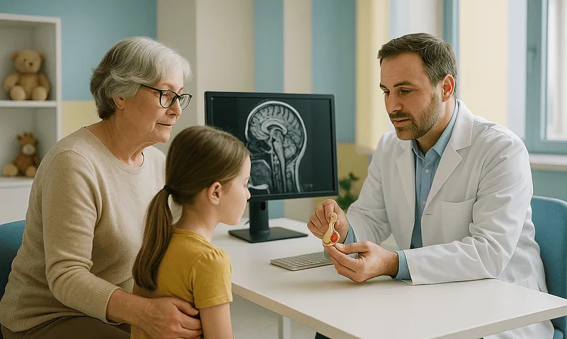 Doctor explaining growth hormone deficiency to young girl and her grandmother.