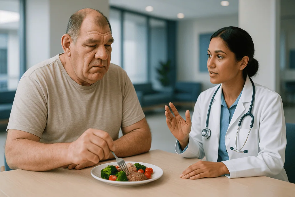 Doctor consulting patient about healthy diet nutrition: Growth hormone excess symptoms: what too much GH does to the whole b
