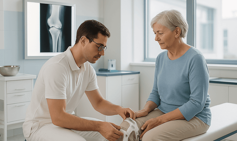 Doctor examining a patient's knee with X-ray image in background.