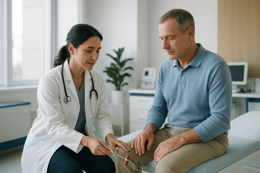 Guillain-Barre Syndrome 1 Doctor examining patient's hand in a hospital room at Acibadem Hospitals Group.